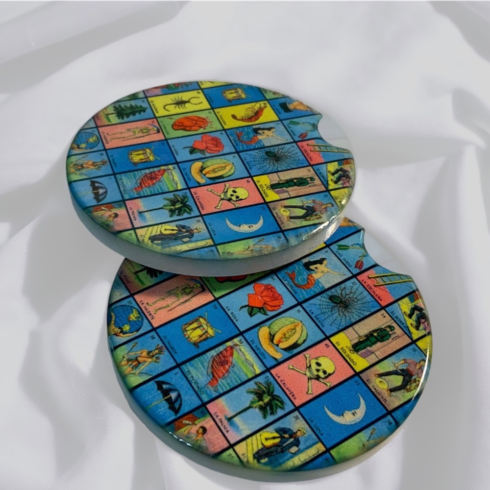 Set of 2 Ceramic car coasters with Loteria design